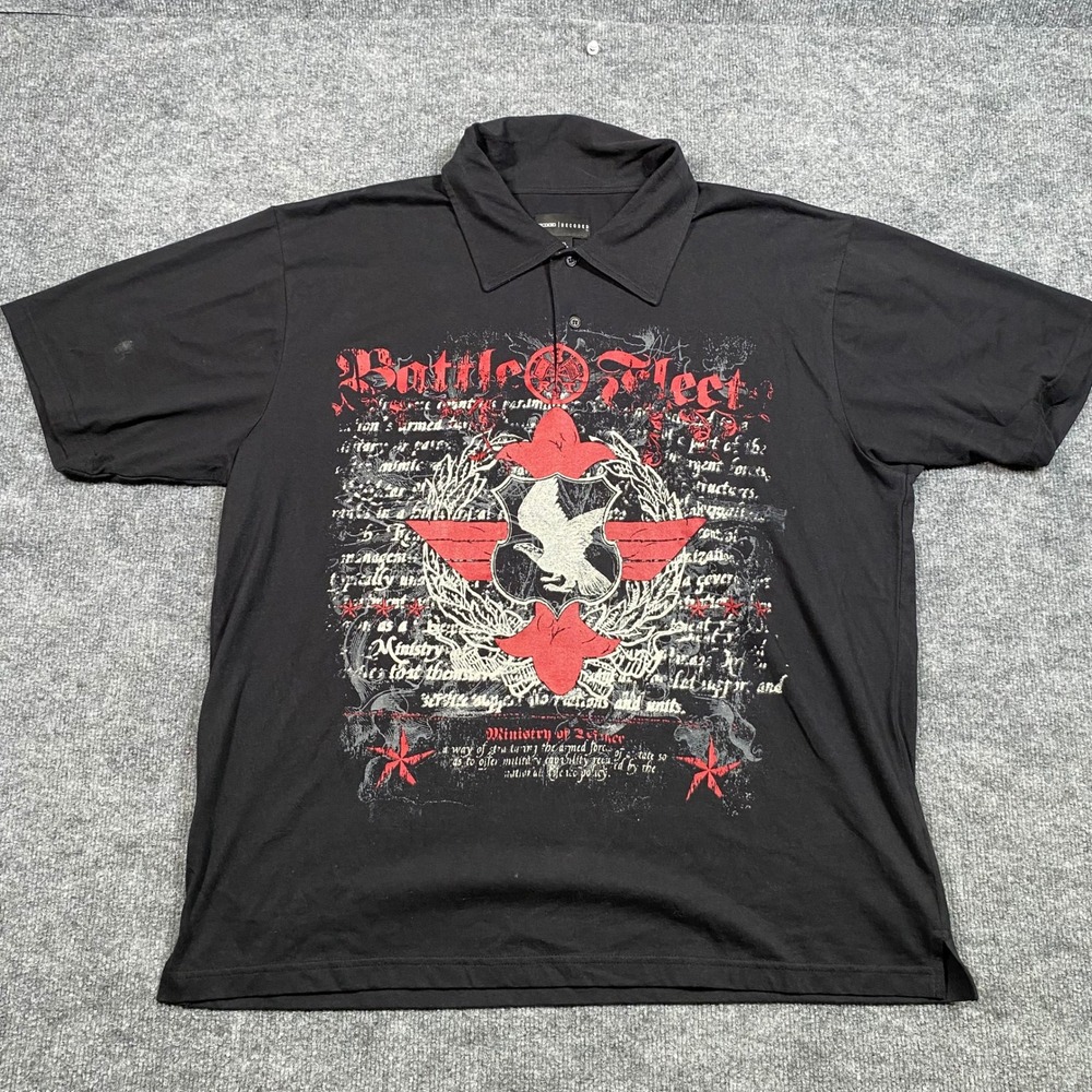 Decoded Battle Fleet Graphic Polo Shirt Mens XXL Black Y2K Streetwear Eagle